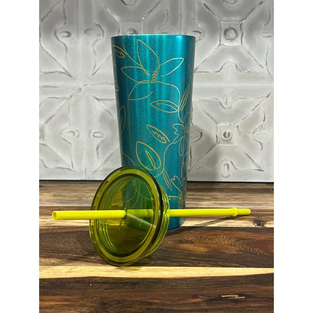 StarbucksTeal Floral Leaf Stainless Steel Tumbler with Yellow Lid & Straw 2022